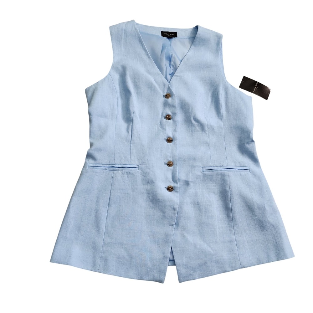 Tahari ASL Womens Ice Blue Rayon Linen Blend Button Front Longline Vest Size 8